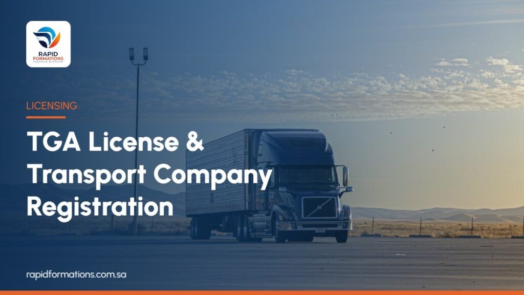 Commercial truck on a dry desert road, representing TGA license and transport company registration in Saudi Arabia