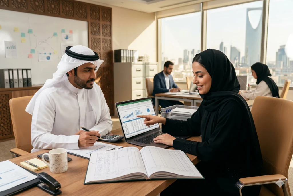 Accountant going through bookkeeping records with a client