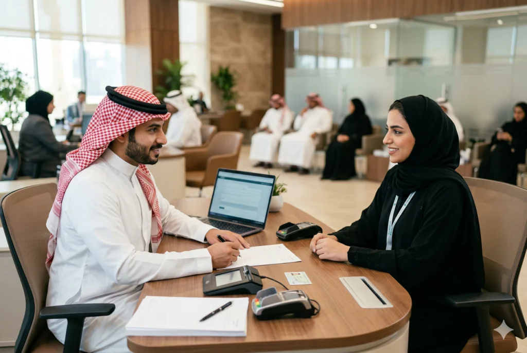 Business adviser helping a client with bank account opening in an office