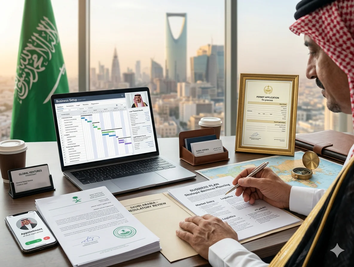 Documents and laptop on a desk with the Saudi flag, for setting up a business in Saudi Arabia