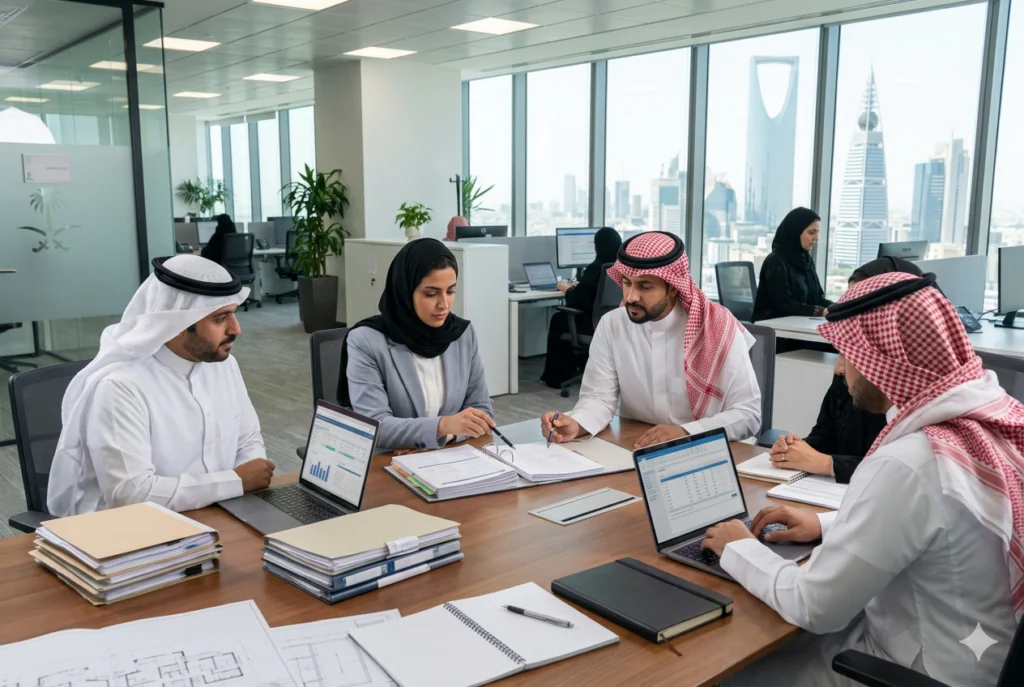 Compliance team reviewing documents together at a meeting table