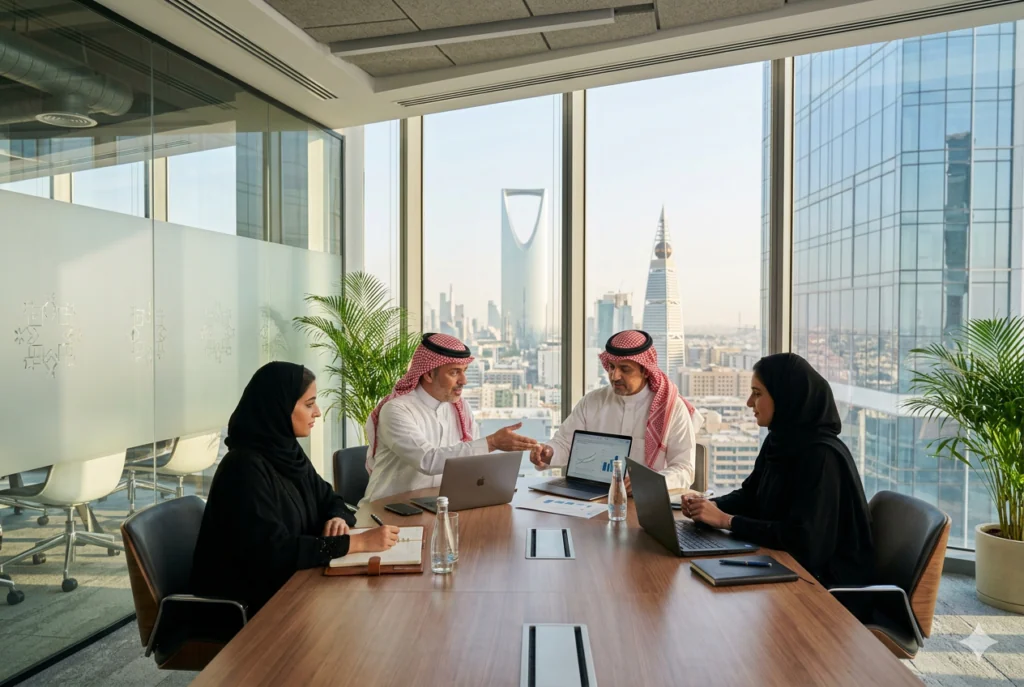 Corporate services team at a meeting table in an office with city views