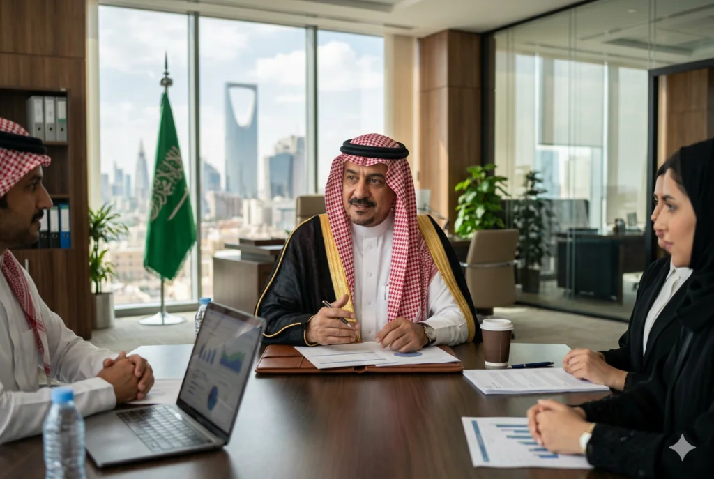 Interim general manager meeting with a client and an adviser in an office