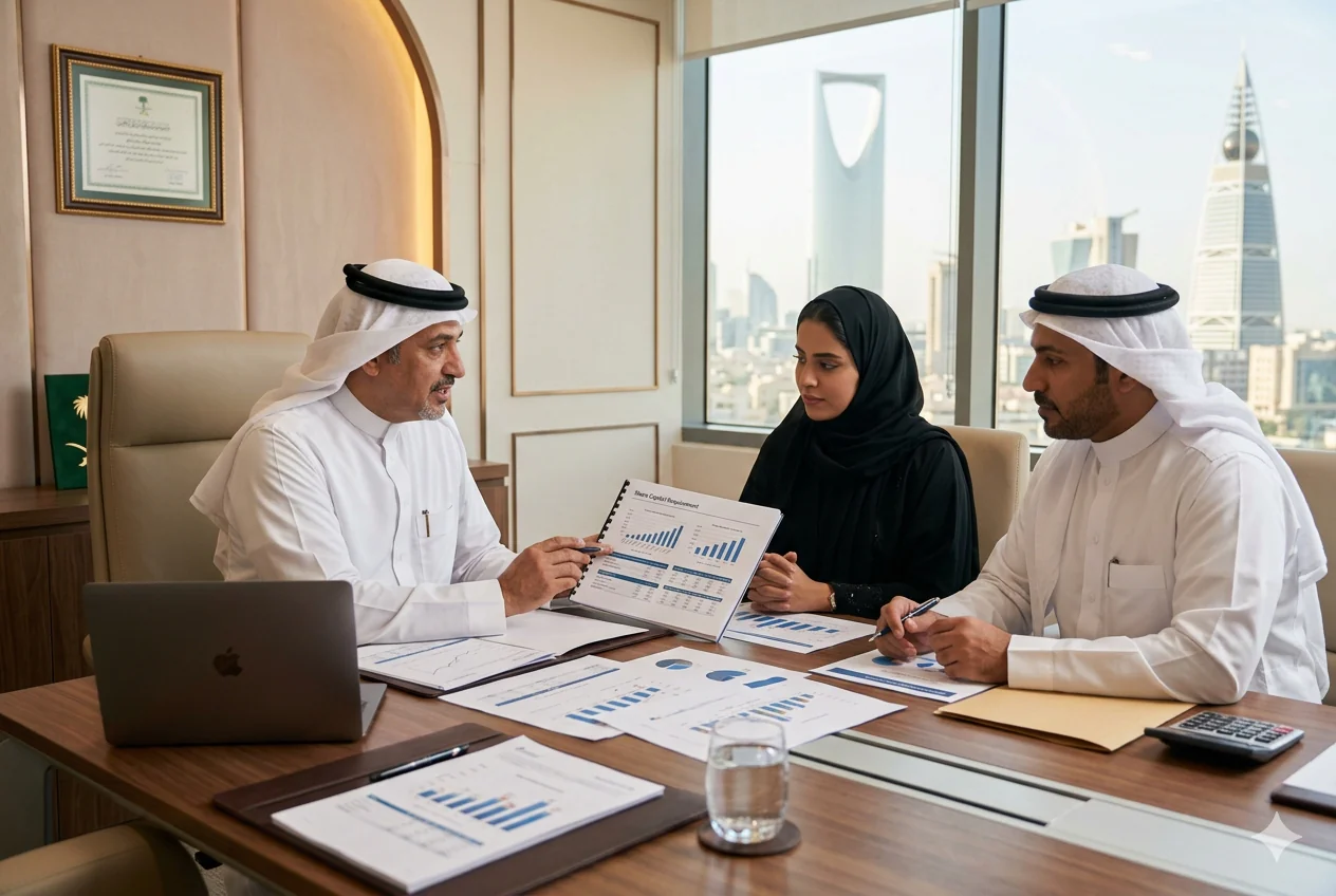 Advisers explaining share capital requirements to a client