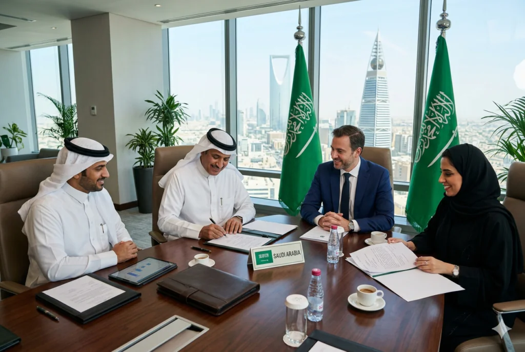 Company formation meeting with Saudi flags in the background