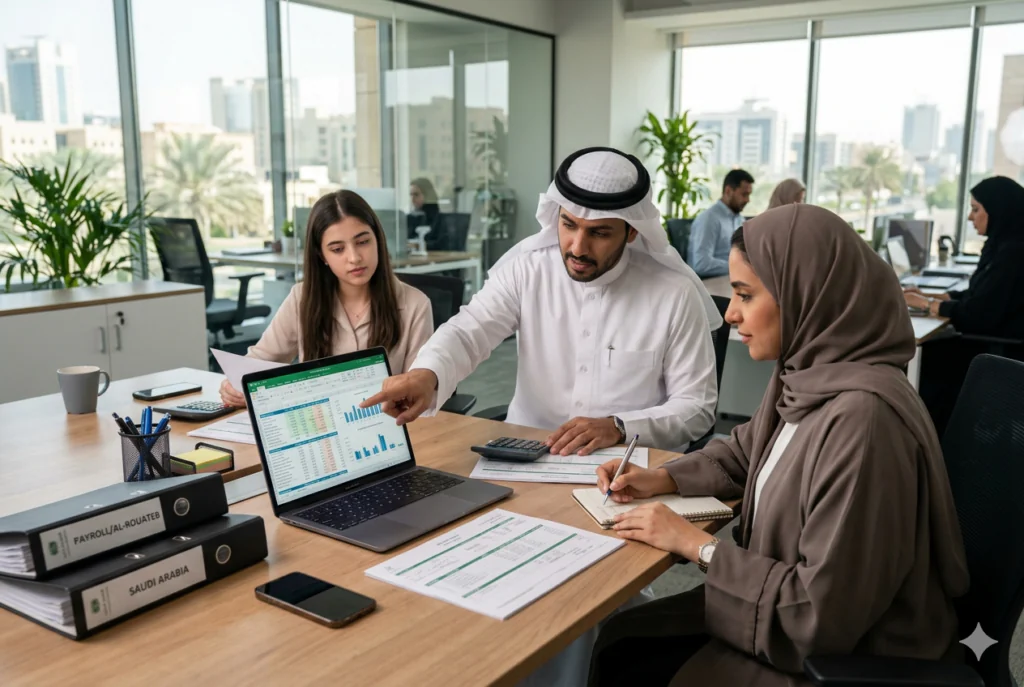 Payroll team working at laptops in a bright office