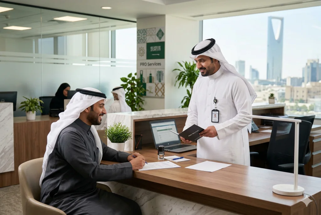 PRO services officer assisting a client in a Saudi office