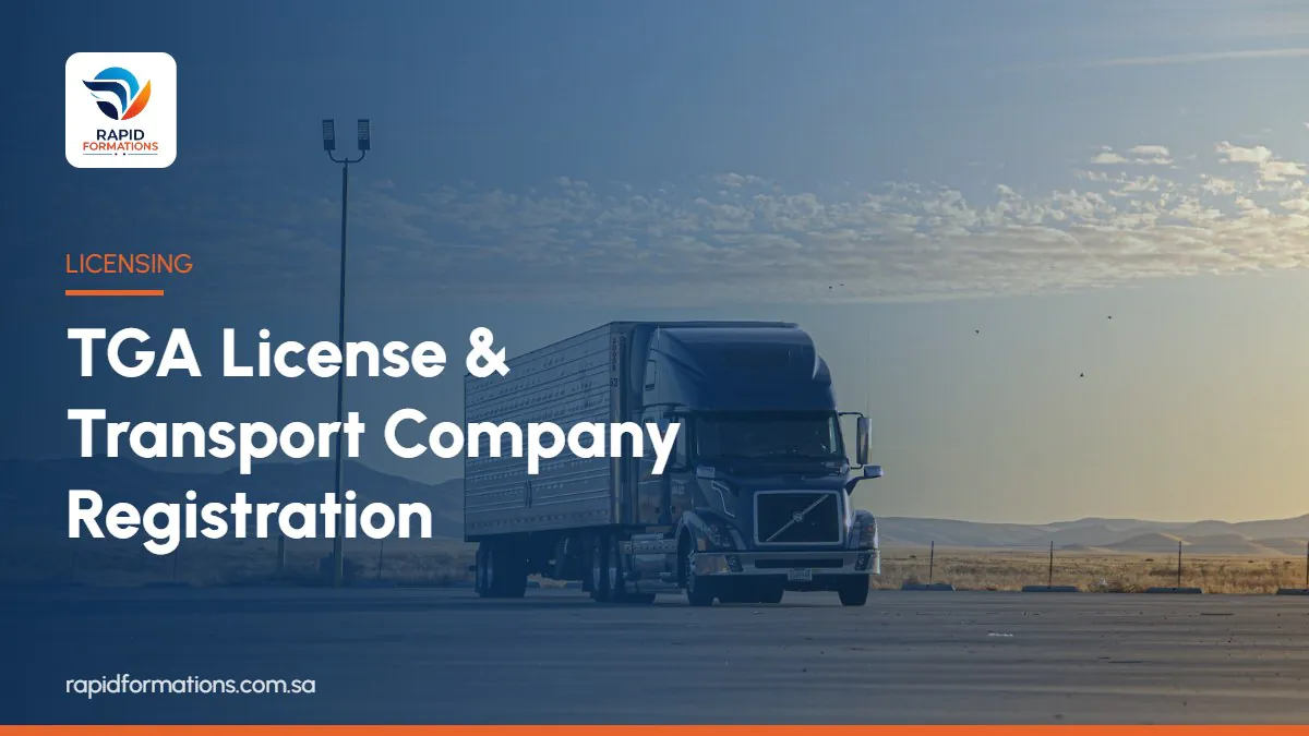 Commercial truck on a dry desert road, representing TGA license and transport company registration in Saudi Arabia